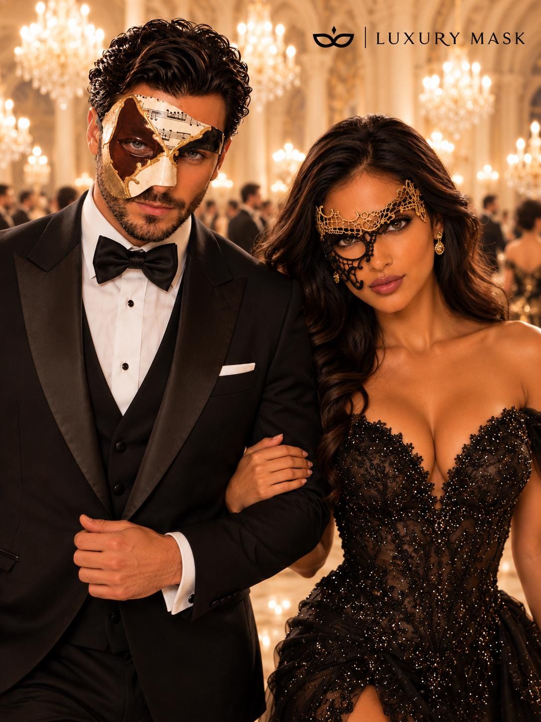 Black Gold Phantom Lace Mask for Women & Brown Gold Black Musical Phantom Mask for Men | Venetian Masquerade Couple Set - image 2