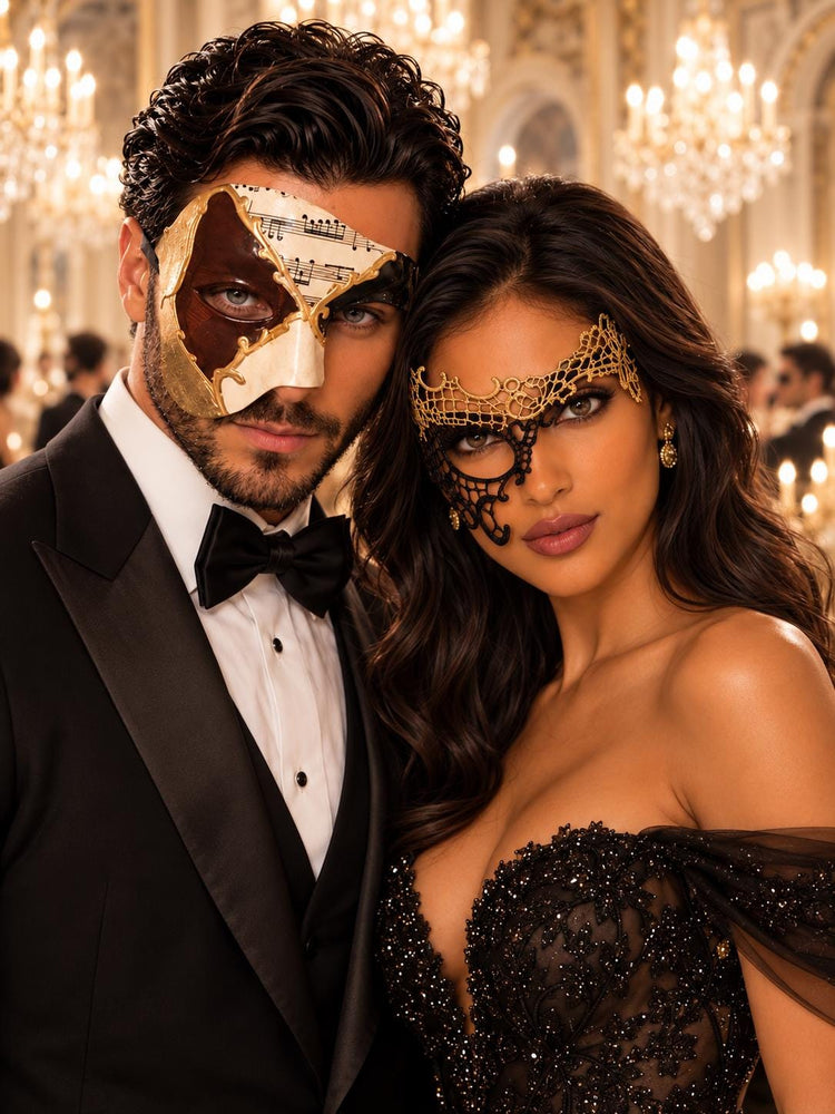 Black Gold Phantom Lace Mask for Women & Brown Gold Black Musical Phantom Mask for Men | Venetian Masquerade Couple Set - main image