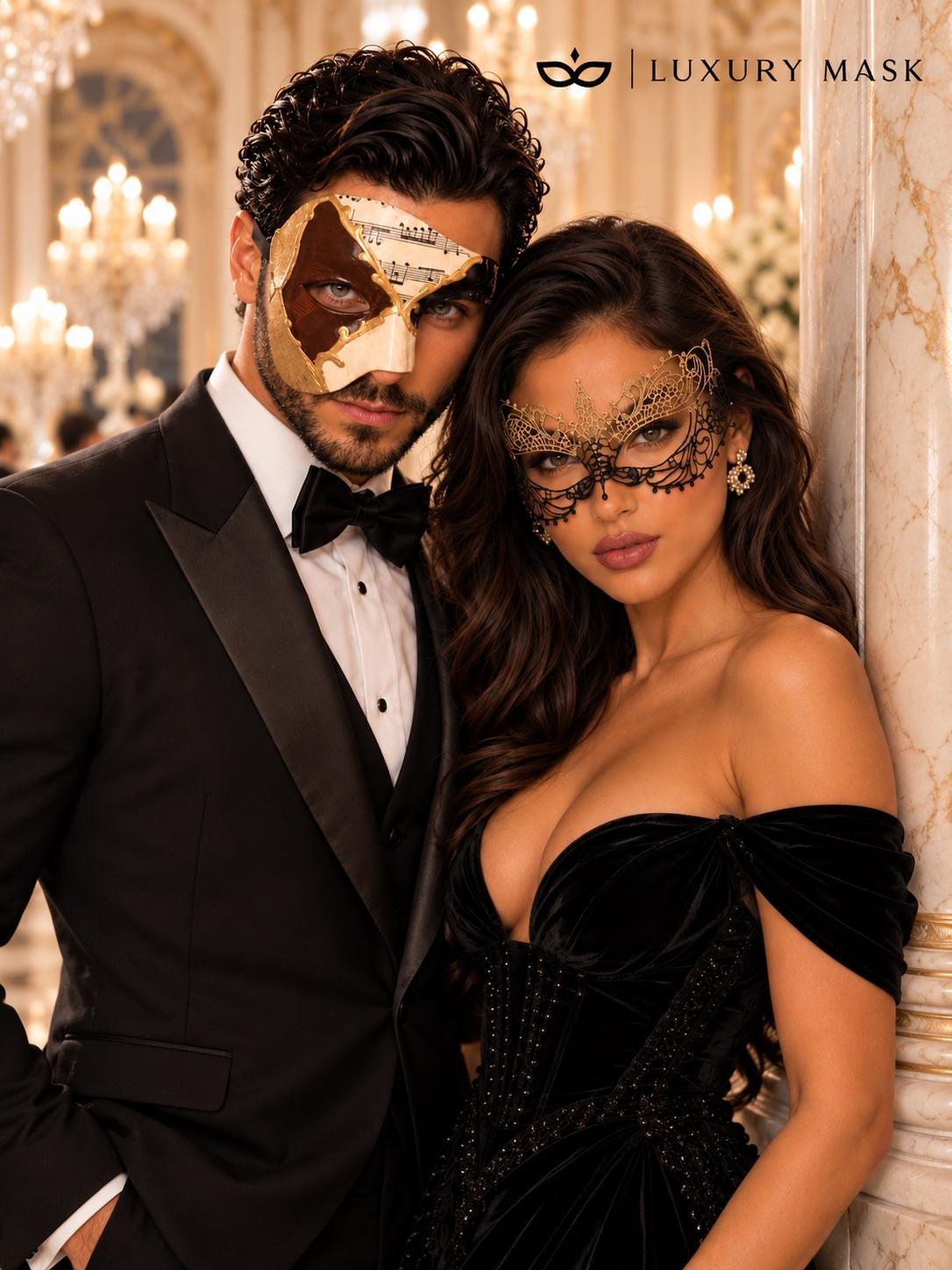 Brown Gold Black Musical Phantom Mask for Men with Black Gold Lace Mask for Women | Venetian Opera Couples Masquerade Set - image 2