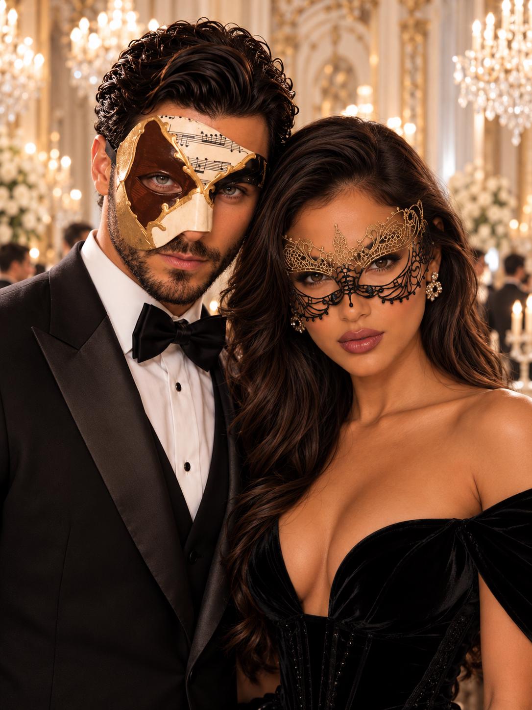 Brown Gold Black Musical Phantom Mask for Men with Black Gold Lace Mask for Women | Venetian Opera Couples Masquerade Set - main image