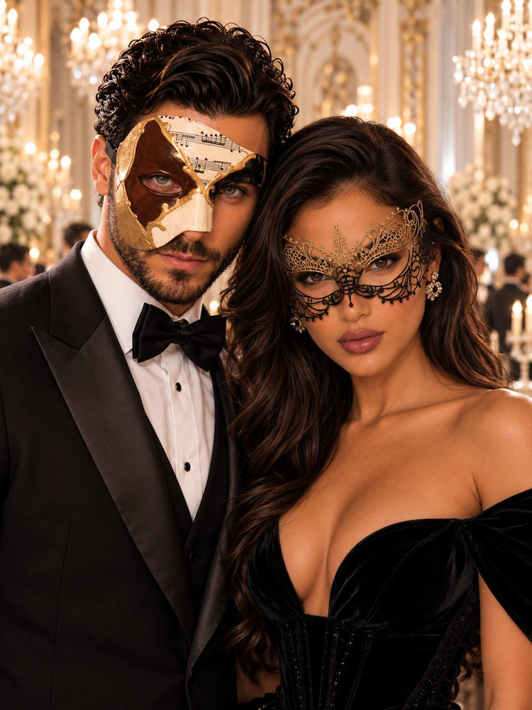 Brown Gold Black Musical Phantom Mask for Men with Black Gold Lace Mask for Women | Venetian Opera Couples Masquerade Set - main image