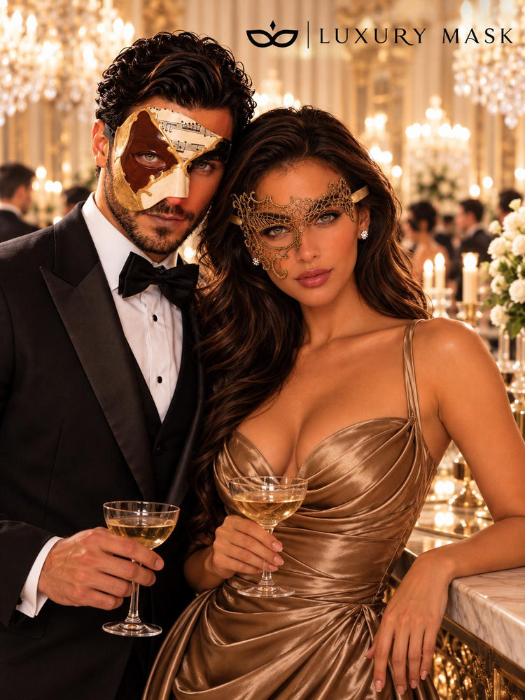 Gold Phantom Lace Mask for Women & Brown Gold Black Musical Venetian Mask for Men | Opera Masquerade Couple Masks - image 3