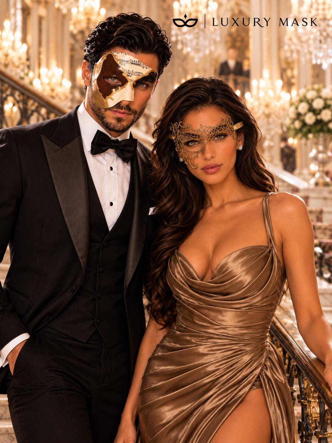 Gold Phantom Lace Mask for Women & Brown Gold Black Musical Venetian Mask for Men | Opera Masquerade Couple Masks - image 4