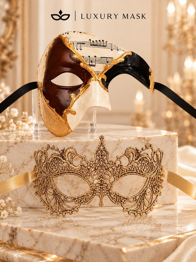 Brown Gold Black Musical Phantom Mask for Men & Gold Lace Mask for Women | Venetian His and Hers Masquerade Set - image 6