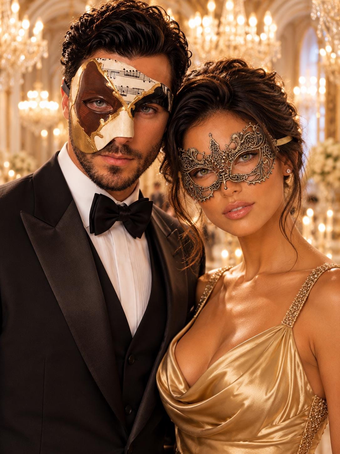 Brown Gold Black Musical Phantom Mask for Men & Gold Lace Mask for Women | Venetian His and Hers Masquerade Set - main image