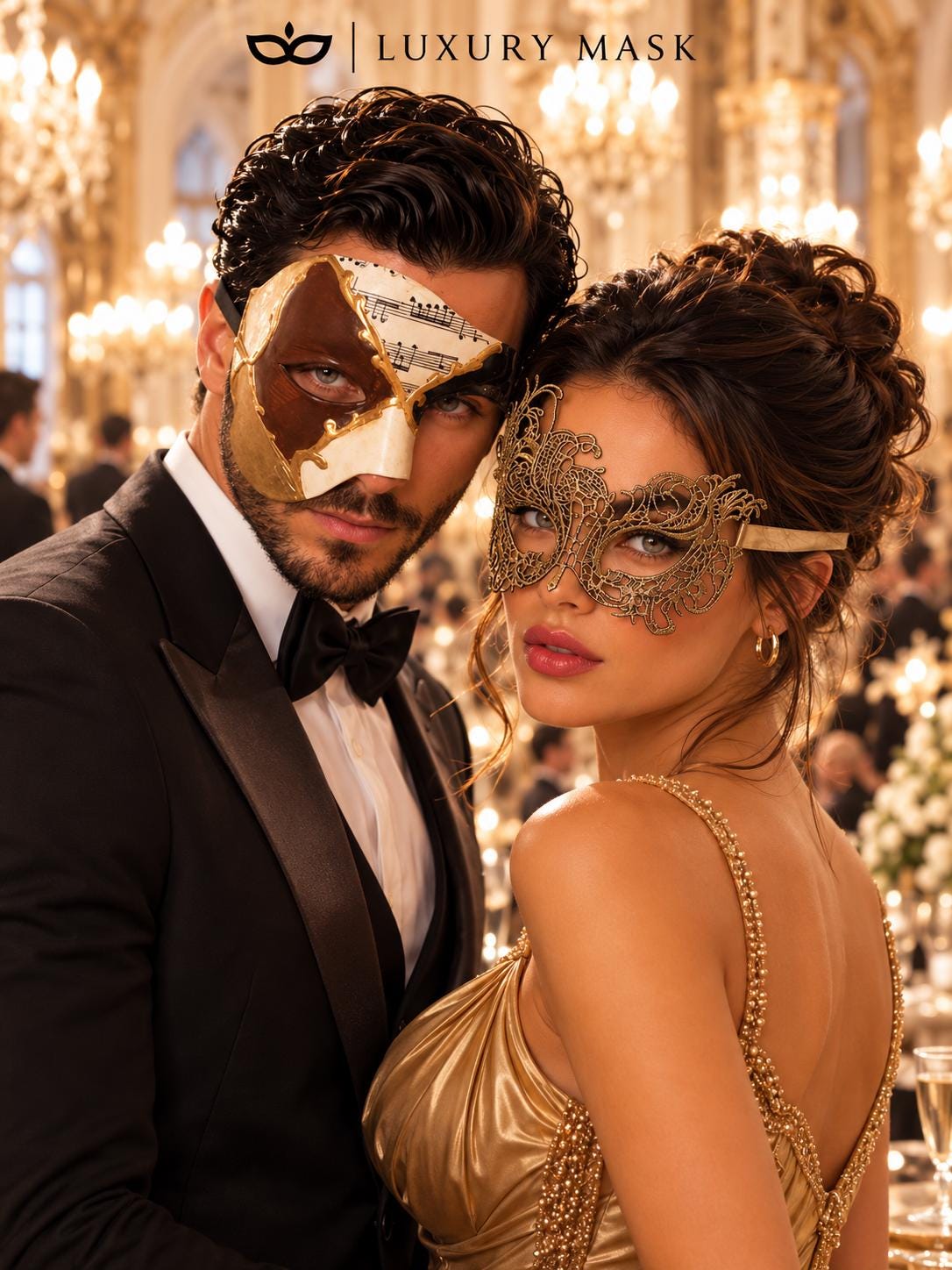 Gold Swan Lace Mask for Women & Brown Gold Black Musical Phantom Mask for Men | Venetian Masquerade Couple Set - image 3