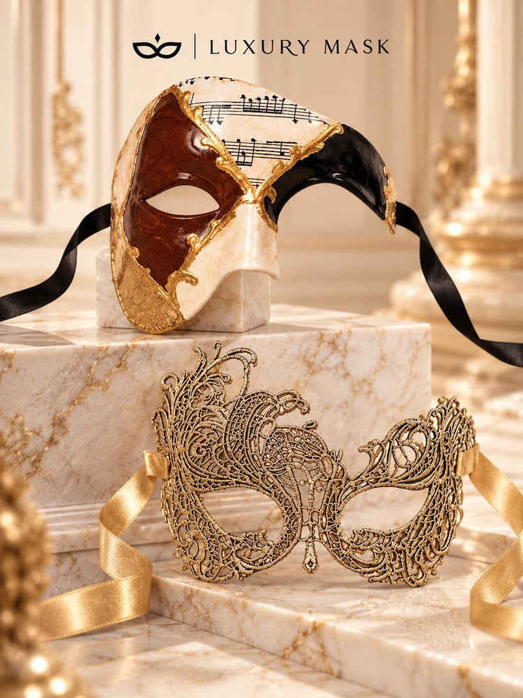 Gold Swan Lace Mask for Women & Brown Gold Black Musical Phantom Mask for Men | Venetian Masquerade Couple Set - image 6