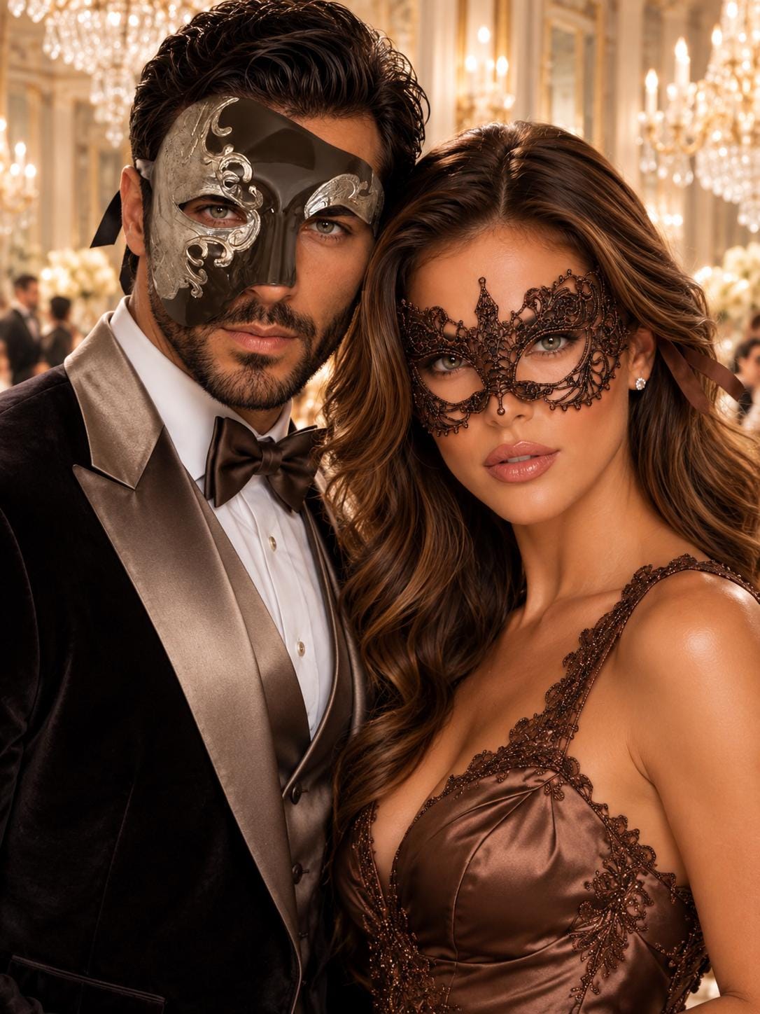 Mocha Brown Silver Phantom Mask for Men & Brown Lace Mask for Women | Venetian His and Hers Masquerade Set - main image