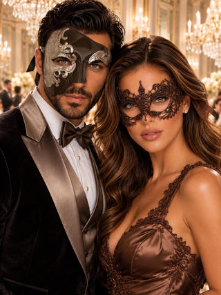 Mocha Brown Silver Phantom Mask for Men & Brown Lace Mask for Women | Venetian His and Hers Masquerade Set - main image