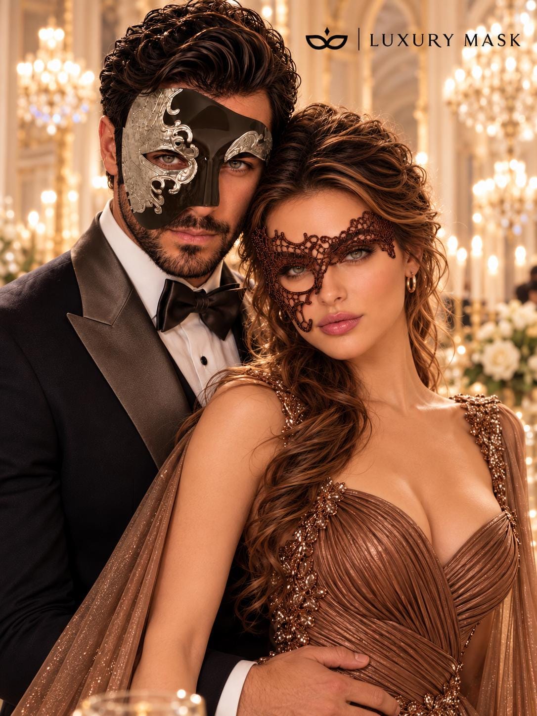 Mocha Brown Silver Phantom Masks for Couples | Opera Half Face Mask for Men & Brown Phantom Lace Mask for Women - image 2
