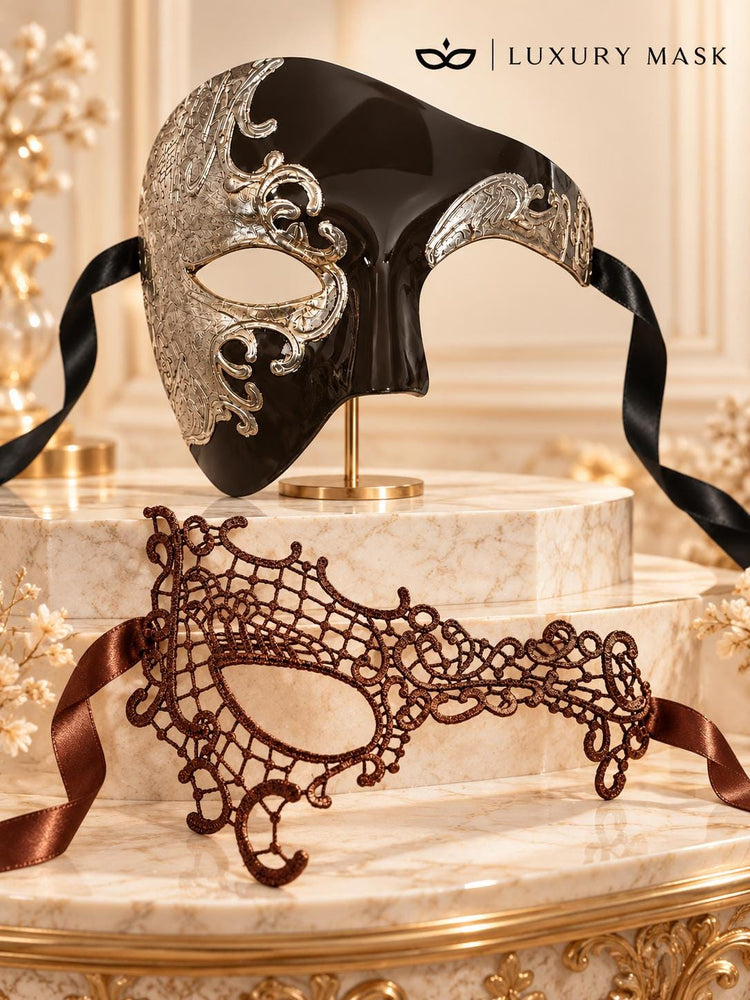 Mocha Brown Silver Phantom Masks for Couples | Opera Half Face Mask for Men & Brown Phantom Lace Mask for Women - image 6