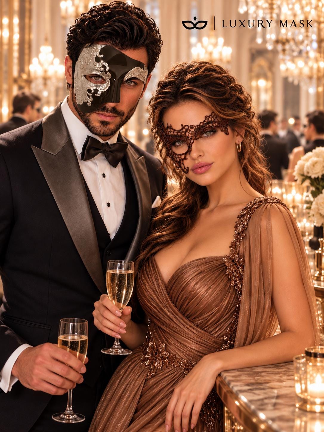 Mocha Brown Silver Phantom Masks for Couples | Opera Half Face Mask for Men & Brown Phantom Lace Mask for Women - image 5