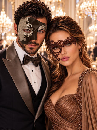 Mocha Brown Silver Phantom Masks for Couples | Opera Half Face Mask for Men & Brown Phantom Lace Mask for Women - main image