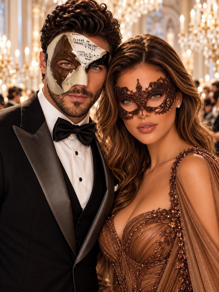 Brown Lace Mask for Women & Silver Mocha Musical Phantom Mask for Men | Venetian Opera His and Hers Masquerade Set - main image
