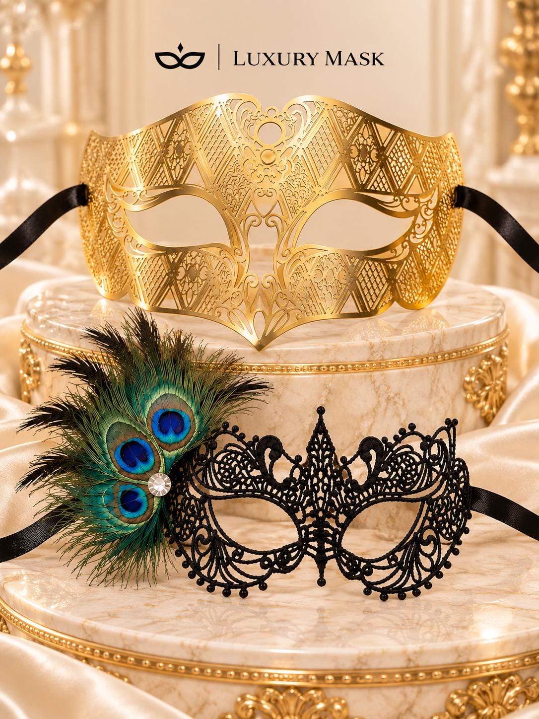 Black Lace Mask with Peacock Feathers for Women & Gold Diamond Venetian Mask for Men | Dramatic Gold Black Masquerade Couple Set - product view 6