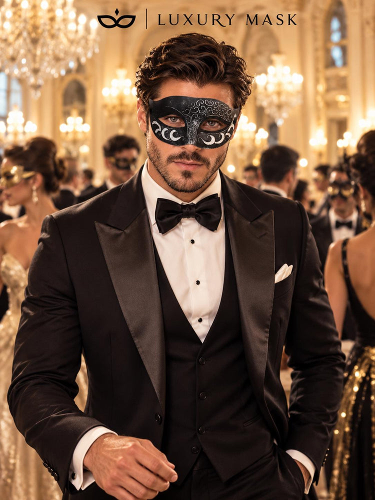 Antique Black Silver Venetian Mask for Men - Vintage Masquerade Mask for Halloween, Mardi Gras, Costume Party & Masquerade Ball - product photo