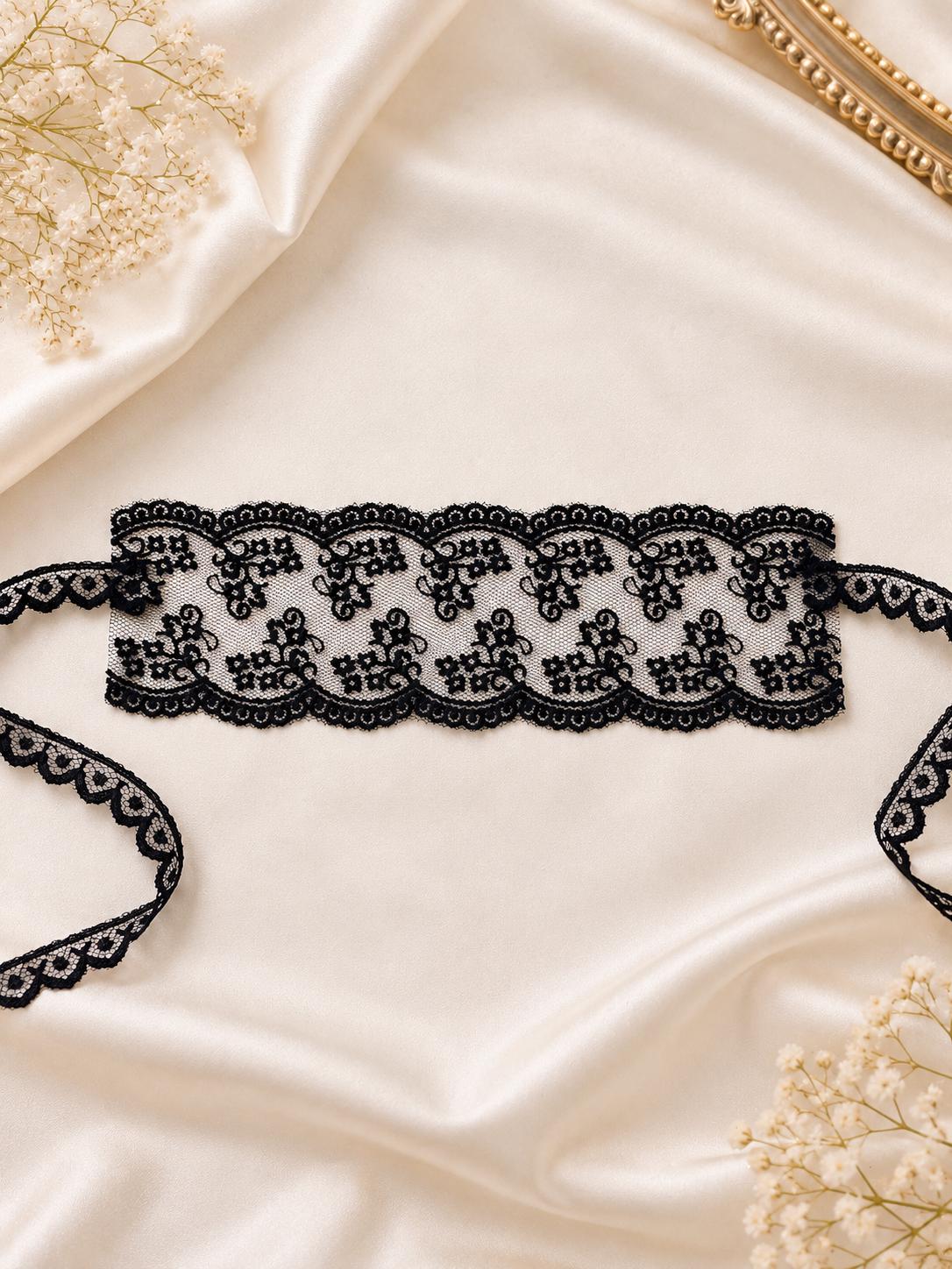 Black Sheer Floral Lace Eye Mask with Ribbon Ties | Romantic Boudoir Blindfold for Women, Bridal Night, Honeymoon & Sleep - product view 7