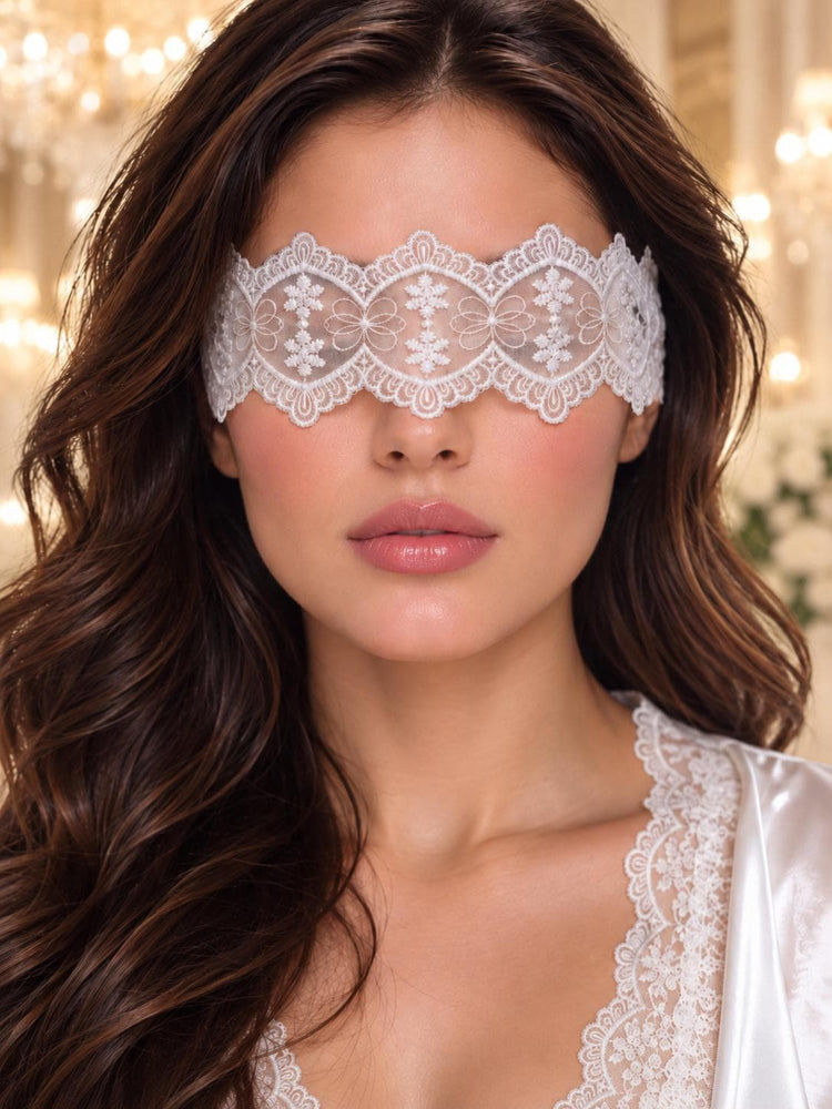 White Sheer Floral Lace Eye Mask with Ribbon Ties | Romantic Boudoir Blindfold for Women, Bridal Night, Honeymoon & Sleepwear