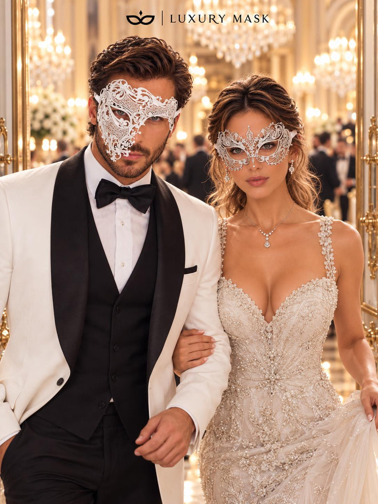 White One Eye Phantom Mask for Men & White Clear Stone Metal Mask for Women | Rhinestone Filigree Venetian Masquerade Set - image 3