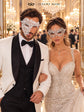 White One Eye Phantom Mask for Men & White Clear Stone Metal Mask for Women | Rhinestone Filigree Venetian Masquerade Set - image 3