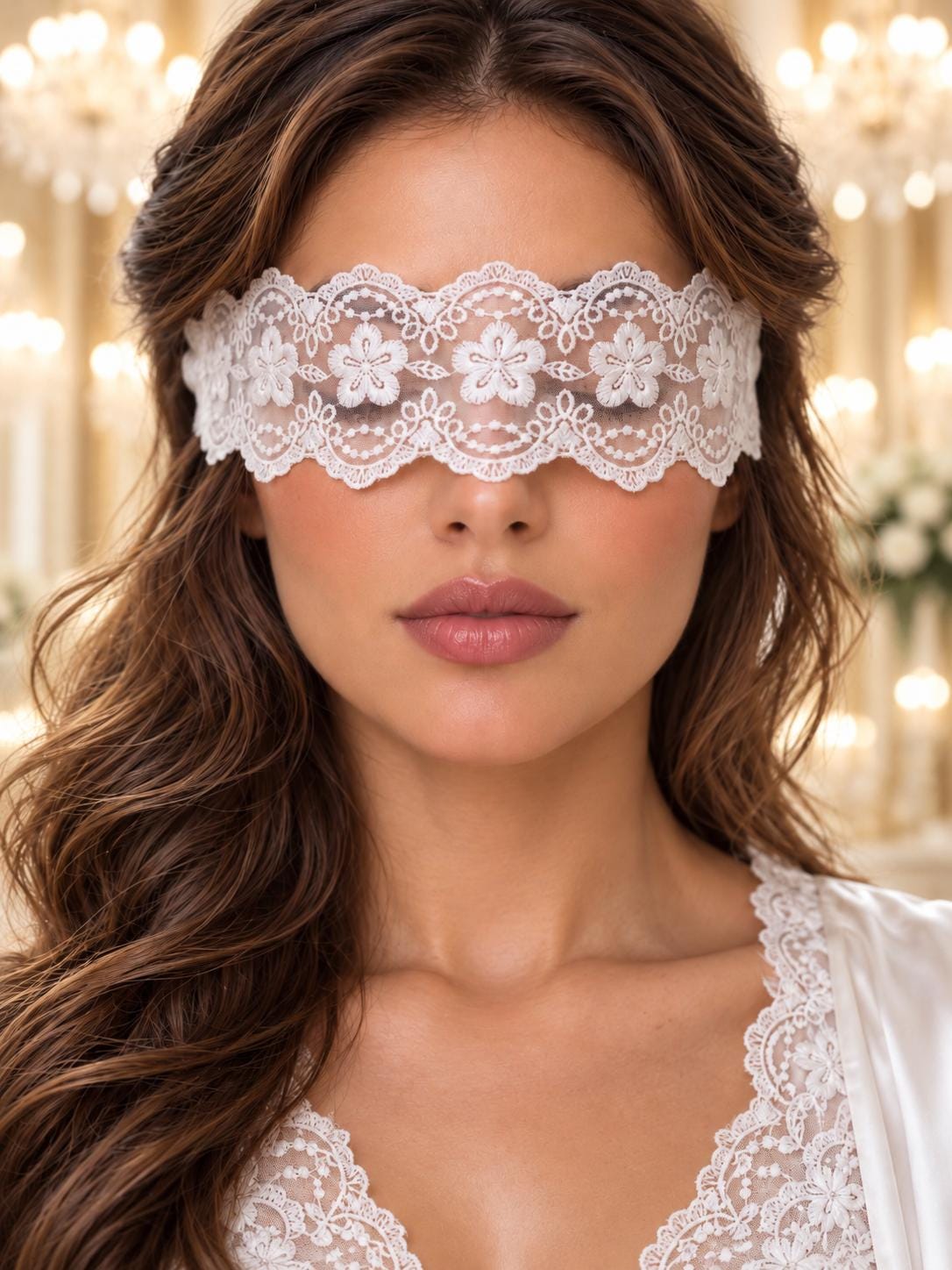 White Sheer Lace Blindfold for Women | Floral Ribbon Tie Eye Mask for Boudoir, Bridal Night, Honeymoon & Romantic Wear