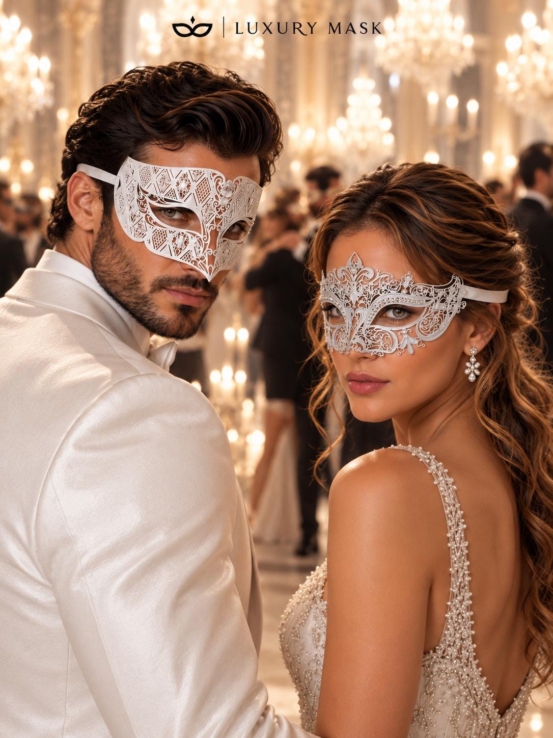 White Clear Stone Metal Masks for Couples | Venetian Mask for Men & Crown Laser Cut Half Face Mask for Women - image 2