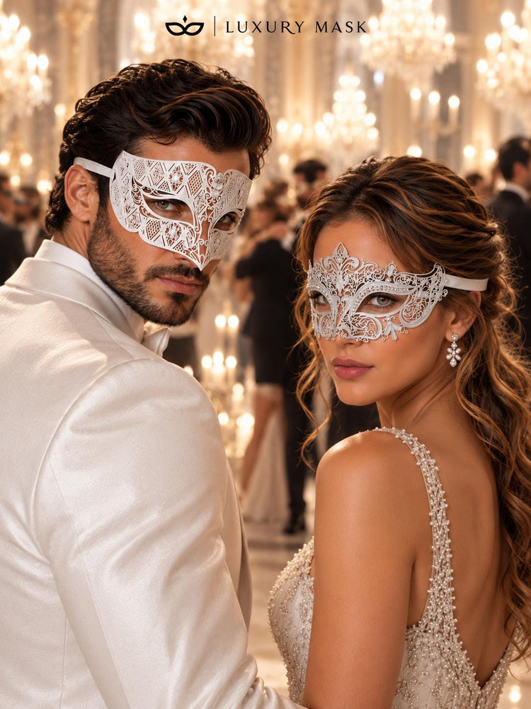 White Clear Stone Metal Masks for Couples | Venetian Mask for Men & Crown Laser Cut Half Face Mask for Women - image 2