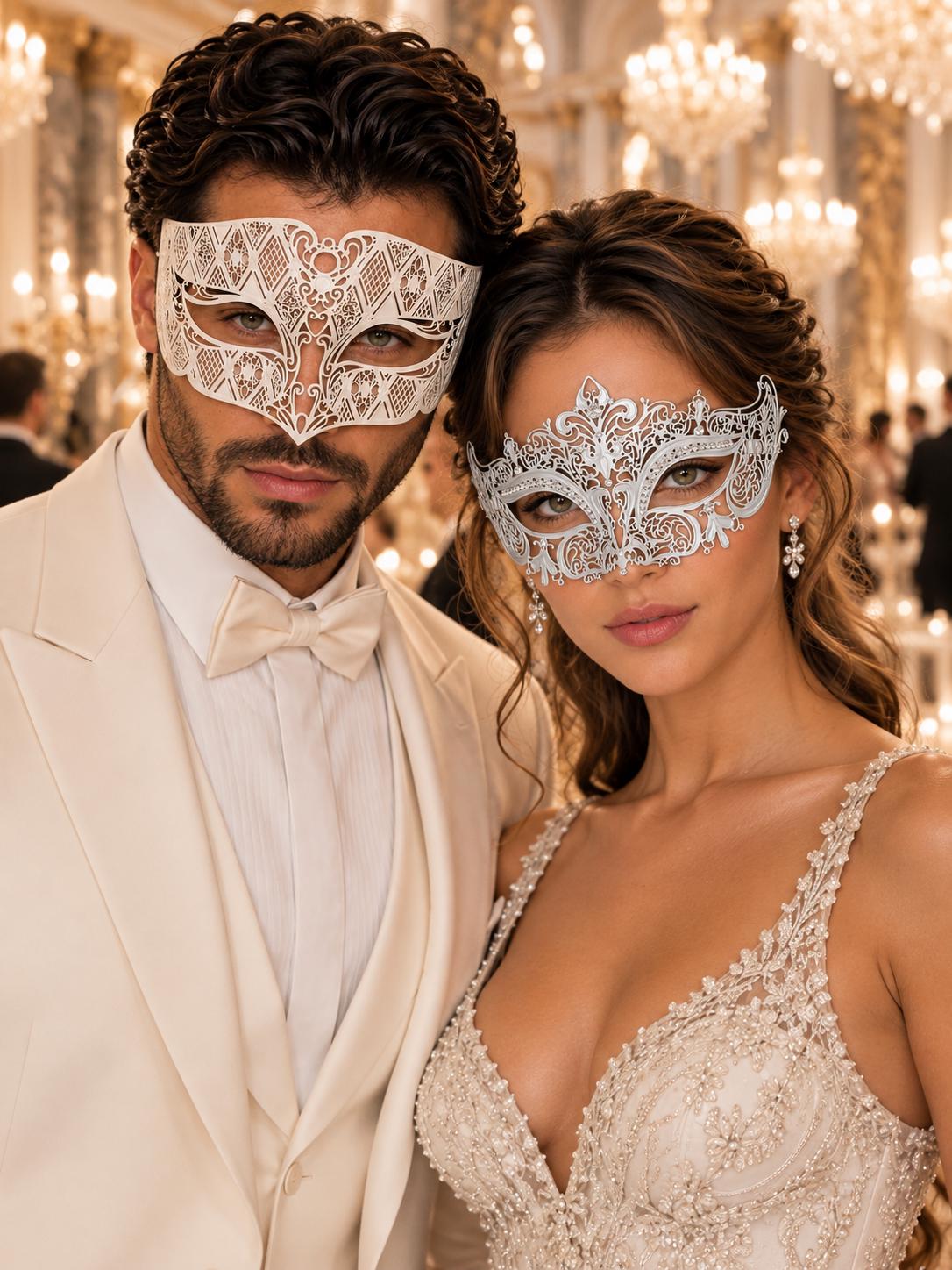 White Diamond Metal Mask for Men & White Crown Clear Stone Mask for Women | Laser Cut Venetian His and Hers Masquerade Set - main image