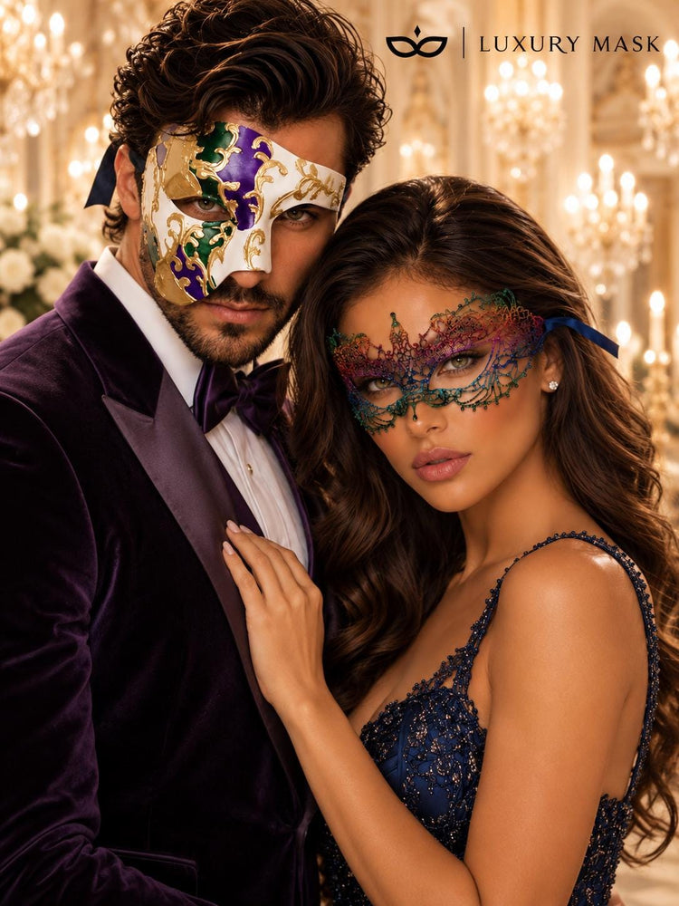 Purple Gold Green Phantom Mask for Men & Rainbow Lace Mask for Women | Colorful Venetian Masquerade Couple Set - image 2