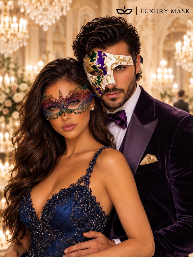 Purple Gold Green Phantom Mask for Men & Rainbow Lace Mask for Women | Colorful Venetian Masquerade Couple Set - image 4
