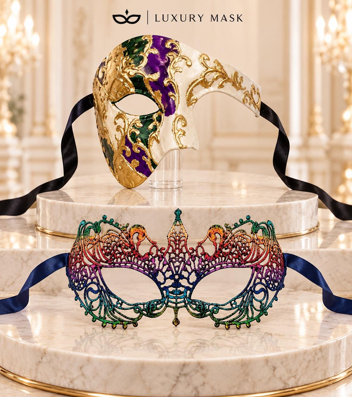 Purple Gold Green Phantom Mask for Men & Rainbow Lace Mask for Women | Colorful Venetian Masquerade Couple Set - image 6