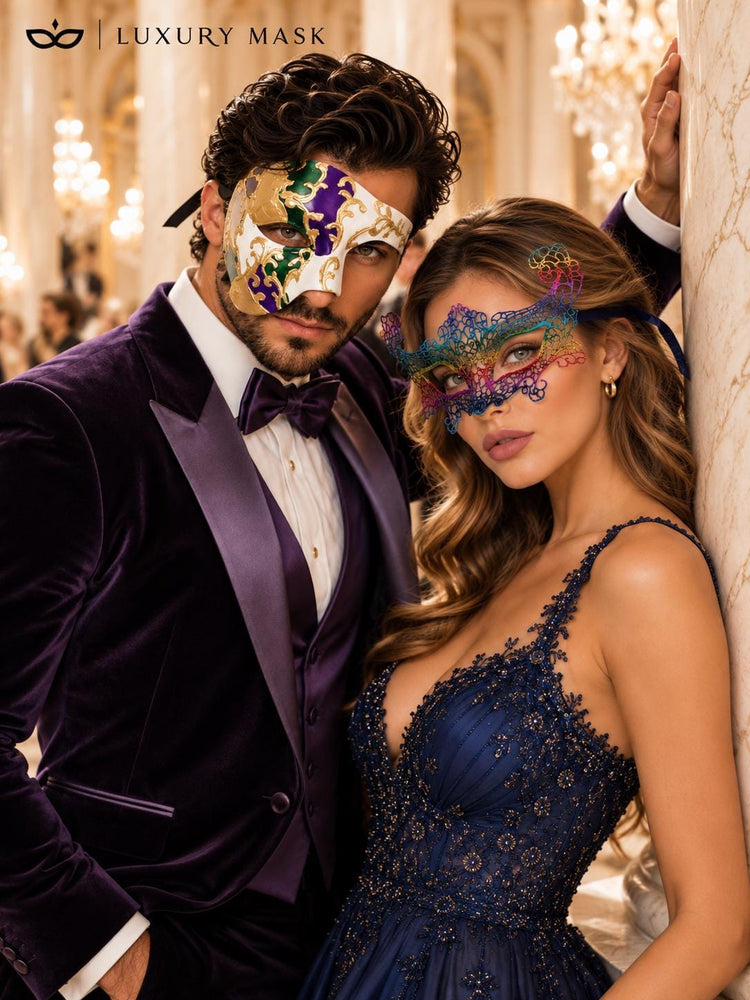 Rainbow Crown Lace Mask for Women & Purple Gold Green Phantom Mask for Men | Colorful Venetian Masquerade Couple Set - image 5