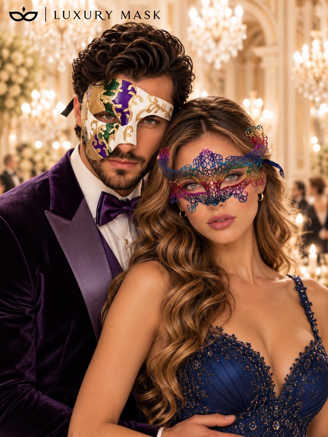 Rainbow Crown Lace Mask for Women & Purple Gold Green Phantom Mask for Men | Colorful Venetian Masquerade Couple Set - image 4