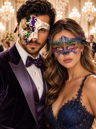 Rainbow Crown Lace Mask for Women & Purple Gold Green Phantom Mask for Men | Colorful Venetian Masquerade Couple Set - main image