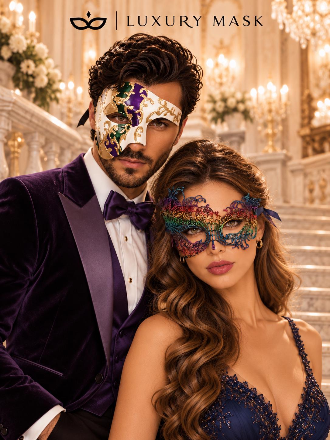 Rainbow Swan Lace Mask for Women & Purple Gold Green Phantom Mask for Men | Colorful Venetian Masquerade Couple Masks - image 5