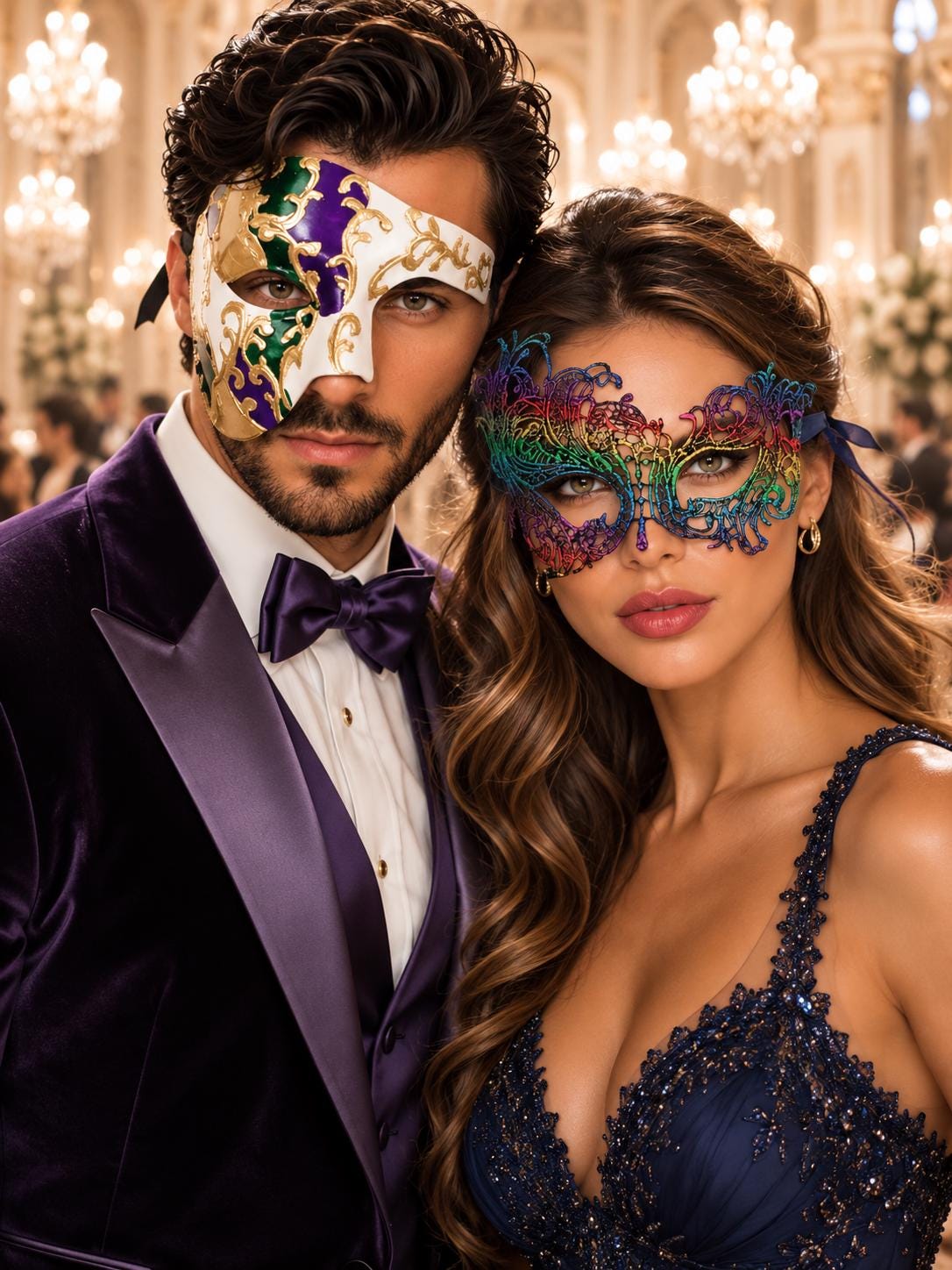Rainbow Swan Lace Mask for Women & Purple Gold Green Phantom Mask for Men | Colorful Venetian Masquerade Couple Masks - main image