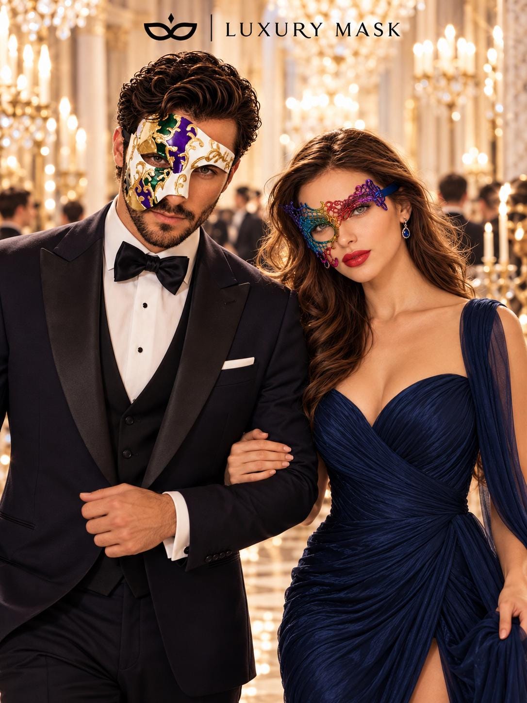 Purple Gold Green Phantom Mask for Men & Rainbow Phantom Lace Mask for Women | Colorful Venetian Masquerade Couple Set - image 3