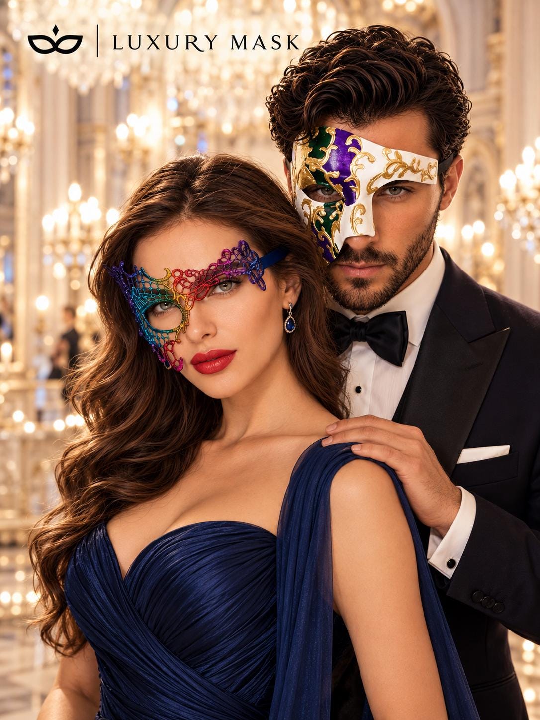 Purple Gold Green Phantom Mask for Men & Rainbow Phantom Lace Mask for Women | Colorful Venetian Masquerade Couple Set - image 4