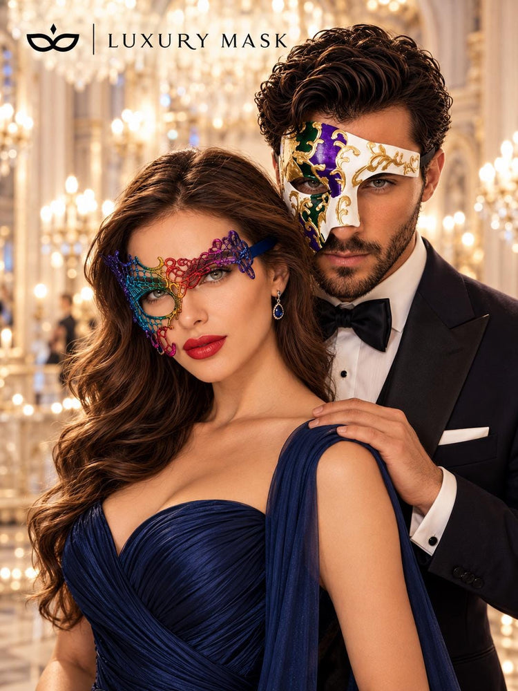 Purple Gold Green Phantom Mask for Men & Rainbow Phantom Lace Mask for Women | Colorful Venetian Masquerade Couple Set - image 4