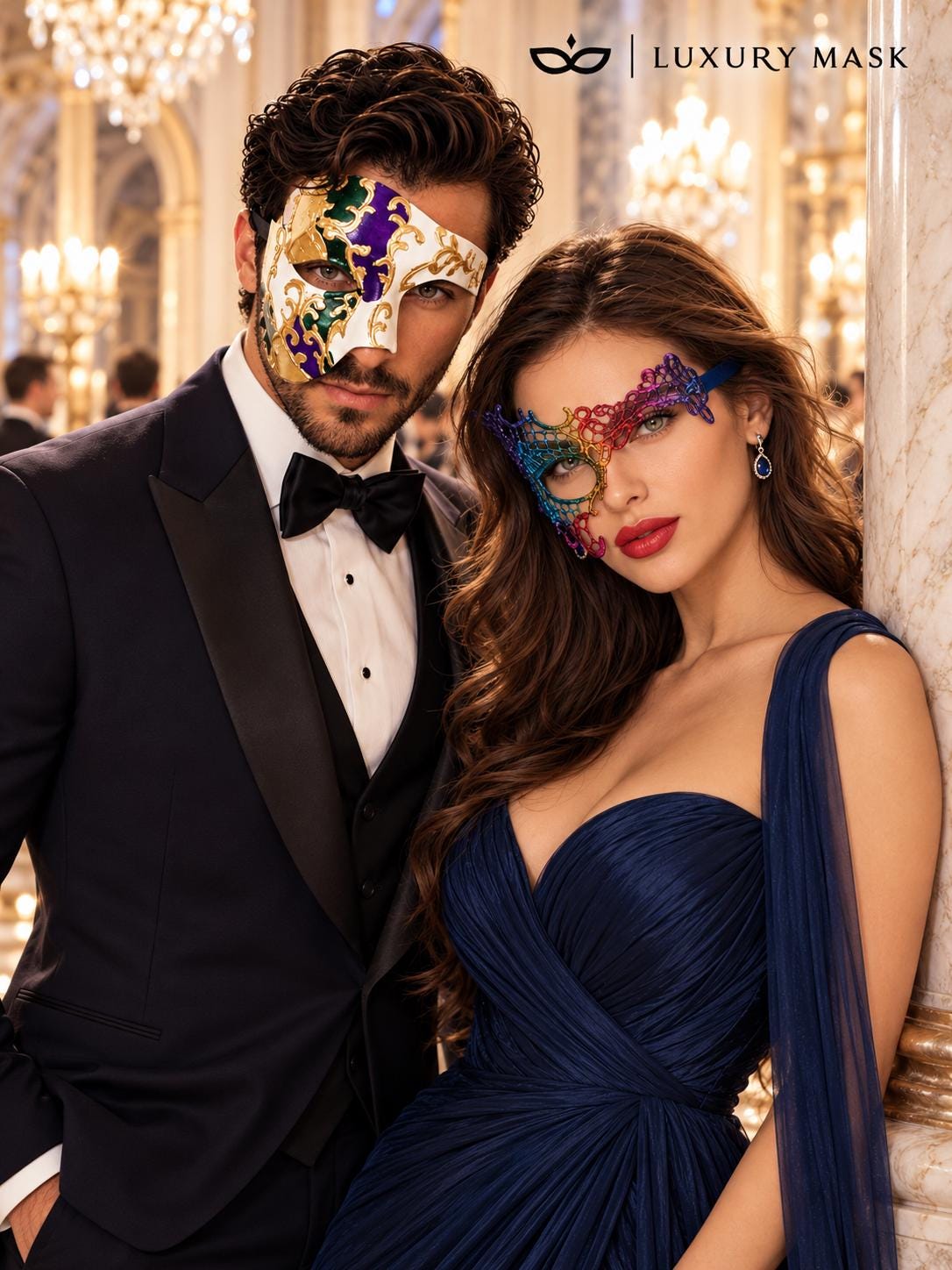 Purple Gold Green Phantom Mask for Men & Rainbow Phantom Lace Mask for Women | Colorful Venetian Masquerade Couple Set - image 5