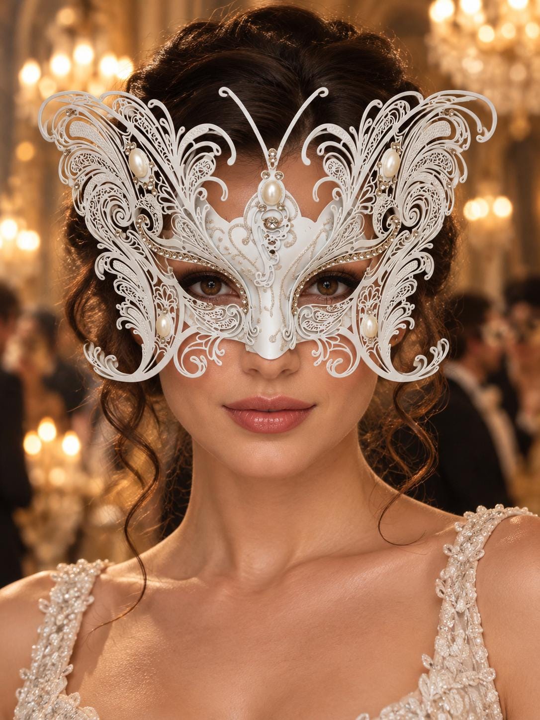 White Butterfly Masquerade Mask for Women with Pearl Accents and Clear Rhinestones, Wedding and Formal Party Eye Mask - main image