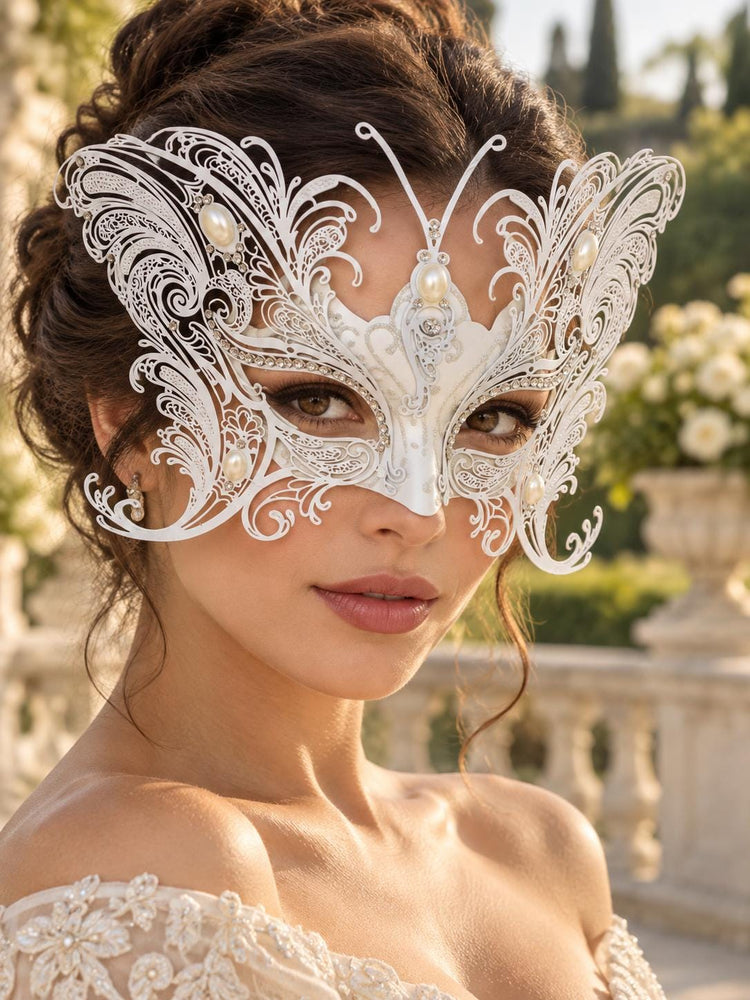 White Butterfly Masquerade Mask for Women with Pearl Accents and Clear Rhinestones, Wedding and Formal Party Eye Mask - image 4