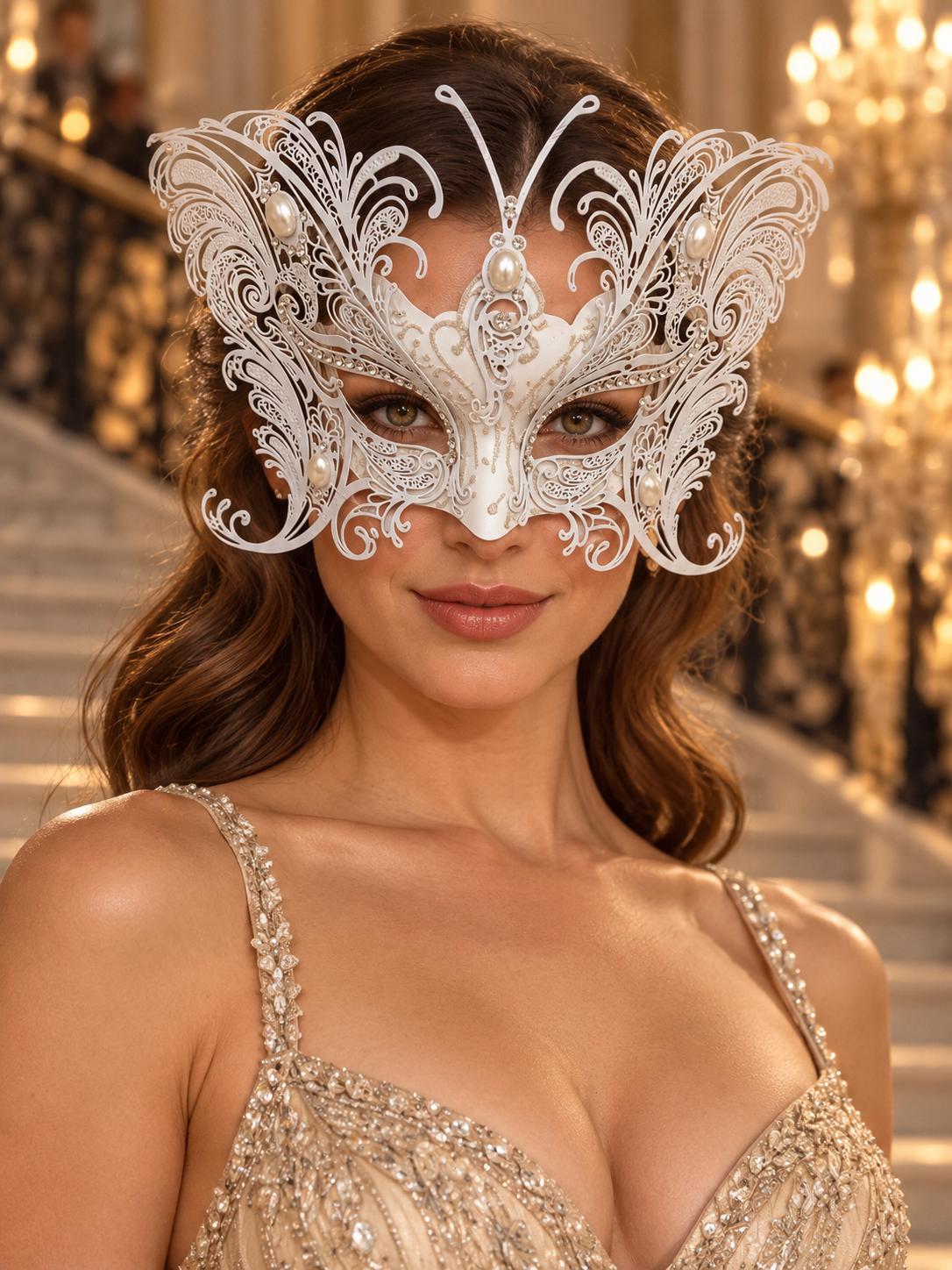 White Butterfly Masquerade Mask for Women with Pearl Accents and Clear Rhinestones, Wedding and Formal Party Eye Mask - image 3