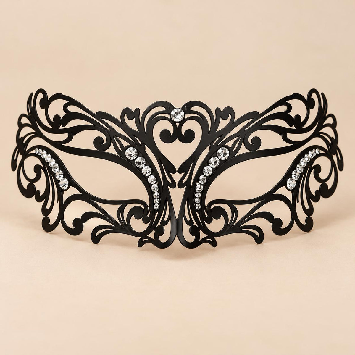 Black Masquerade Mask with Clear Rhinestones for Women, Heart Design Metal Eye Mask for Prom and Costume Parties - image 5