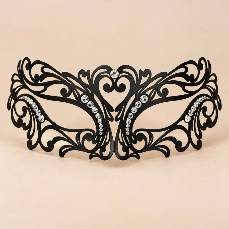 Black Masquerade Mask with Clear Rhinestones for Women, Heart Design Metal Eye Mask for Prom and Costume Parties - image 5