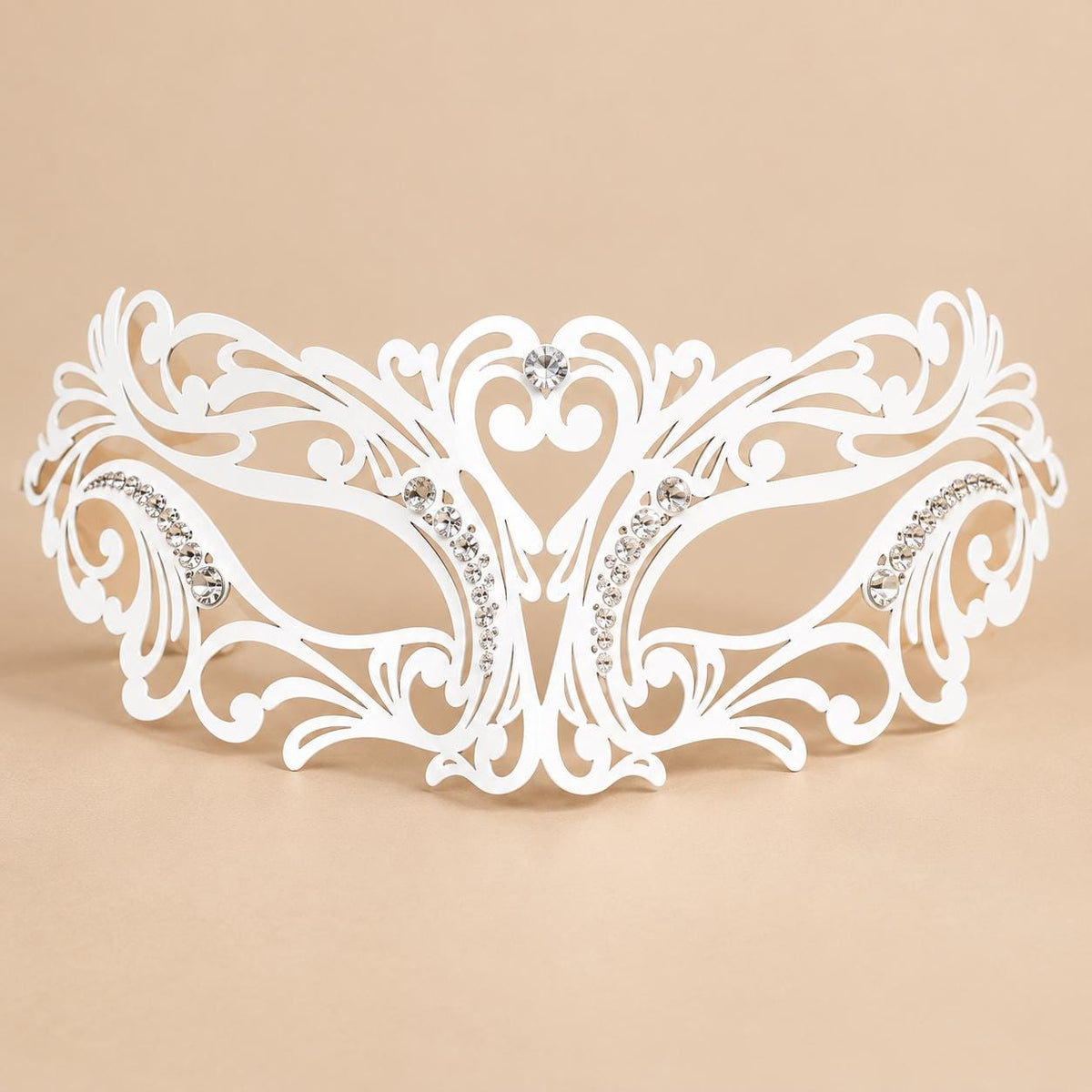 White Masquerade Mask with Clear Rhinestones for Women, Heart Design Metal Eye Mask for Prom and Costume Parties - image 5