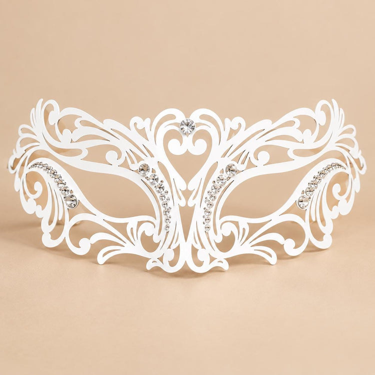 White Masquerade Mask with Clear Rhinestones for Women, Heart Design Metal Eye Mask for Prom and Costume Parties - image 5