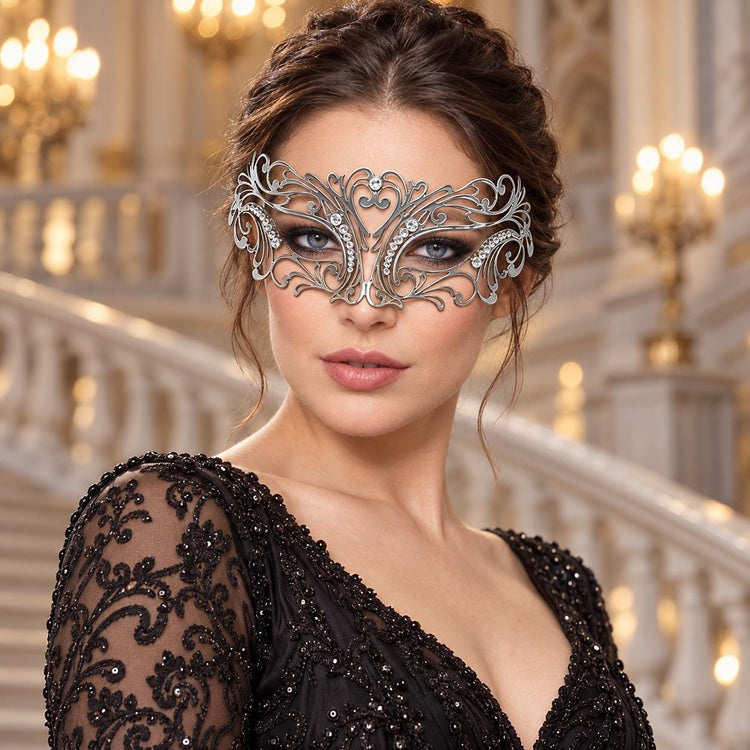 Silver Masquerade Mask with Clear Rhinestones for Women, Heart Design Metal Eye Mask for Prom and Costume Parties - image 3