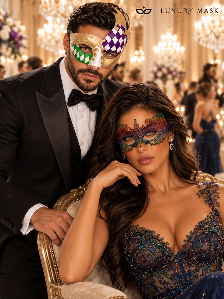 Gold Purple Green Checkered Venetian Mask for Men & Rainbow Lace Mask for Women | Colorful Masquerade Couple Set - image 4