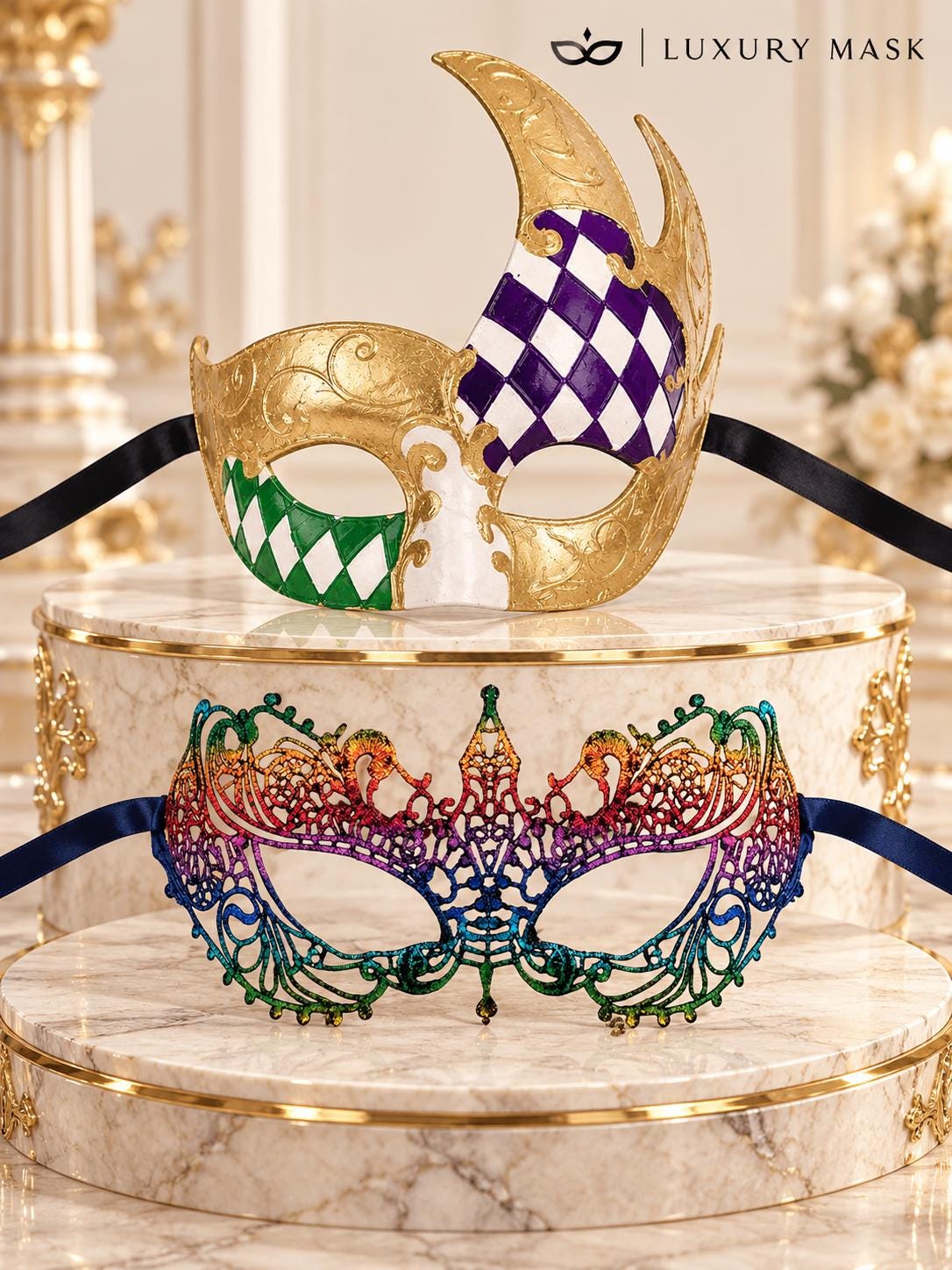 Gold Purple Green Checkered Venetian Mask for Men & Rainbow Lace Mask for Women | Colorful Masquerade Couple Set - image 6
